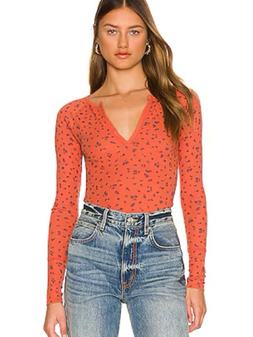 Free People | Red Combo Billie Layering Floral V-Neck Long Sleeve Top